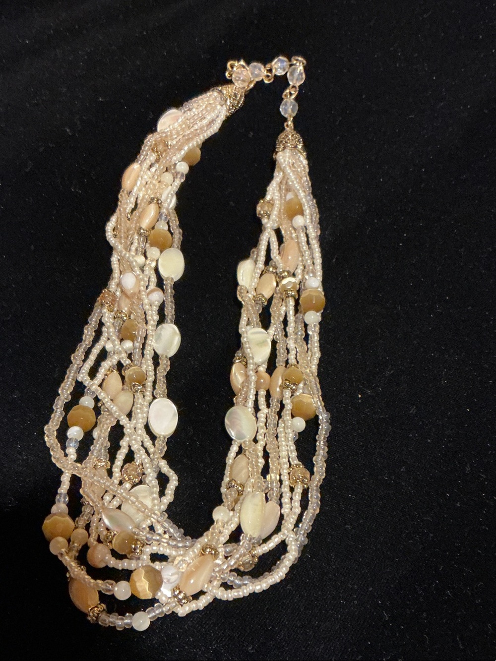 Multi-Strand Necklace with White and Ivory tones. Seed Beads, and Faux Pearls